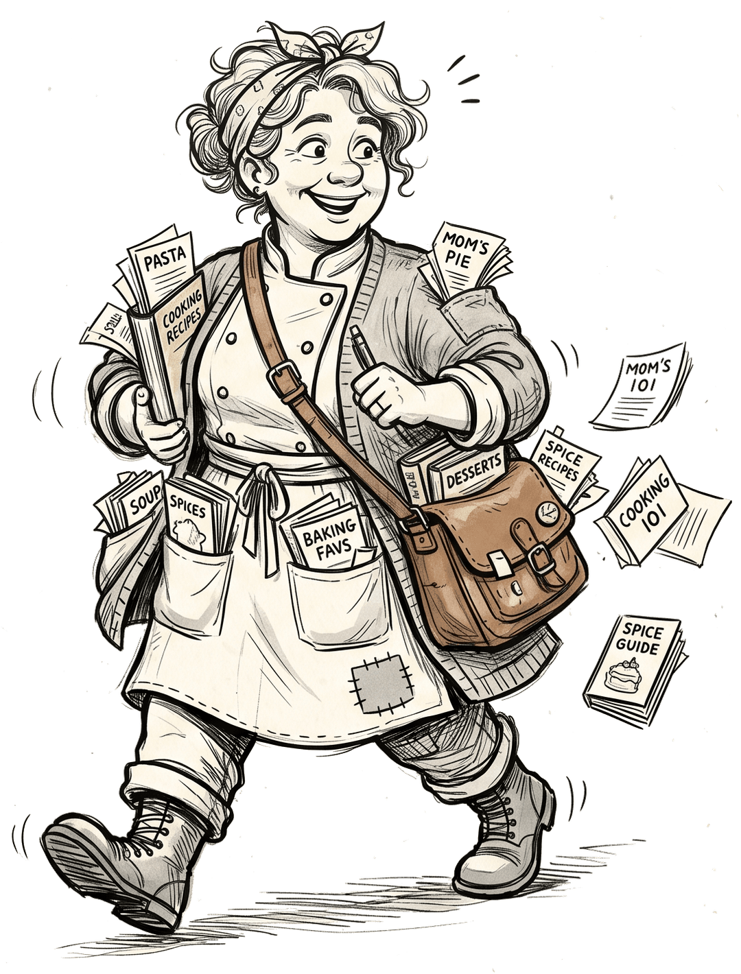 A cook with recipe papers flying everywhere
