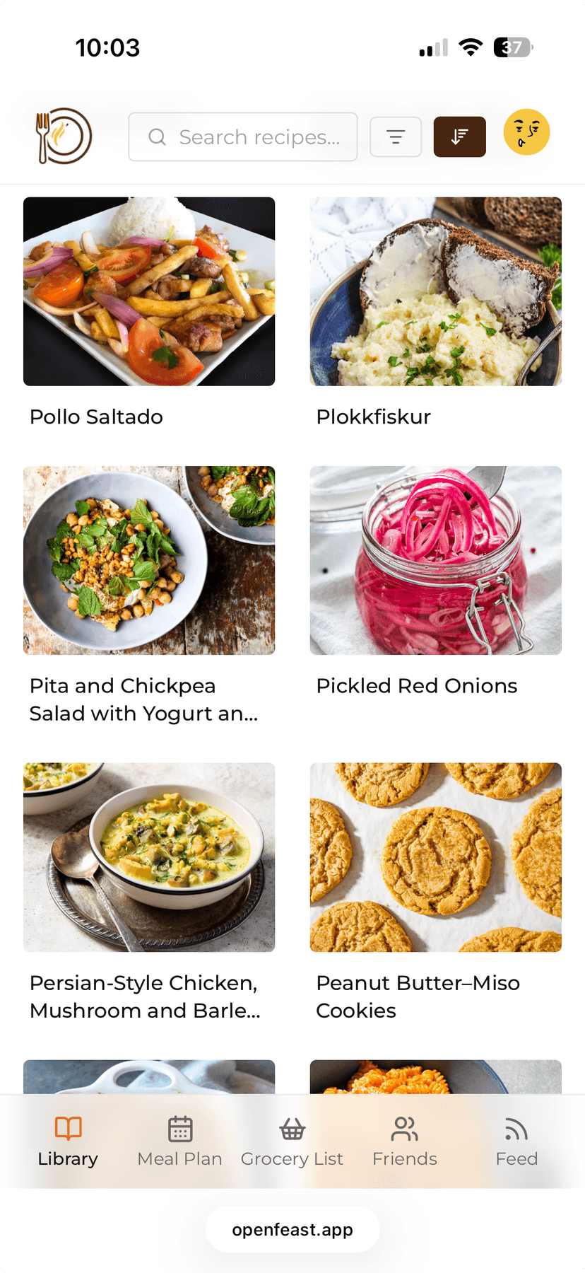 OpenFeast recipe library on iPhone